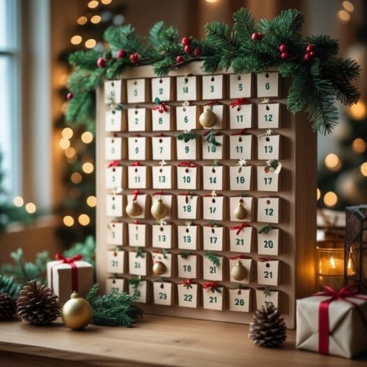 Professionelt billede af en hjemmelavet julekalender med detaljerede dekorationer og gaver.